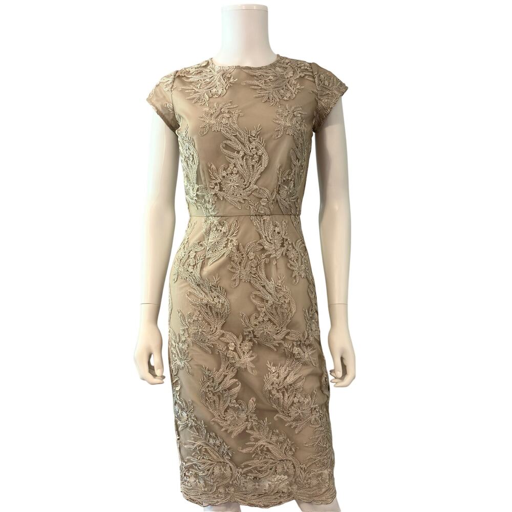 DownEast Lace Mesh Overlay Sheath Dress Size 0 Champagne Beige Classic Feminine
